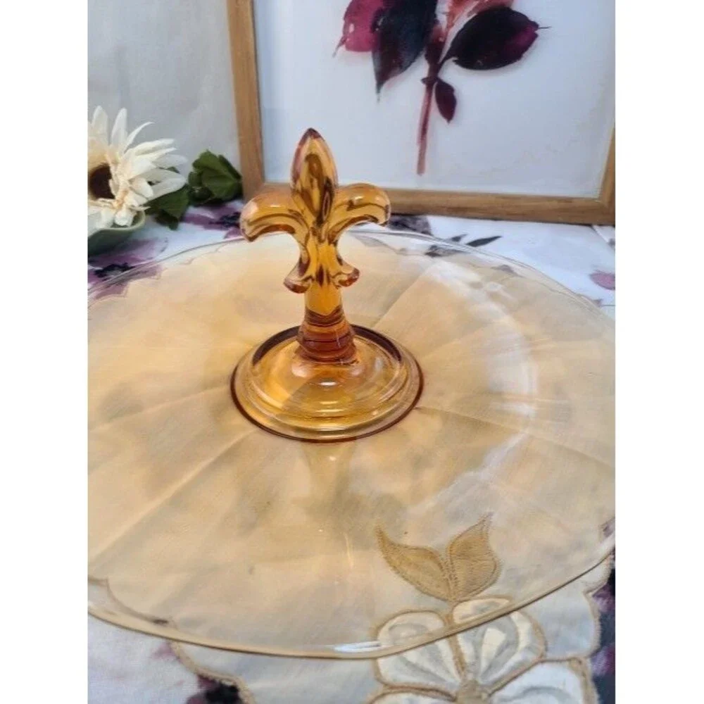 Vintage Amber Depression Glass Handled Tidbit Plate Fleur De Lis 7.5